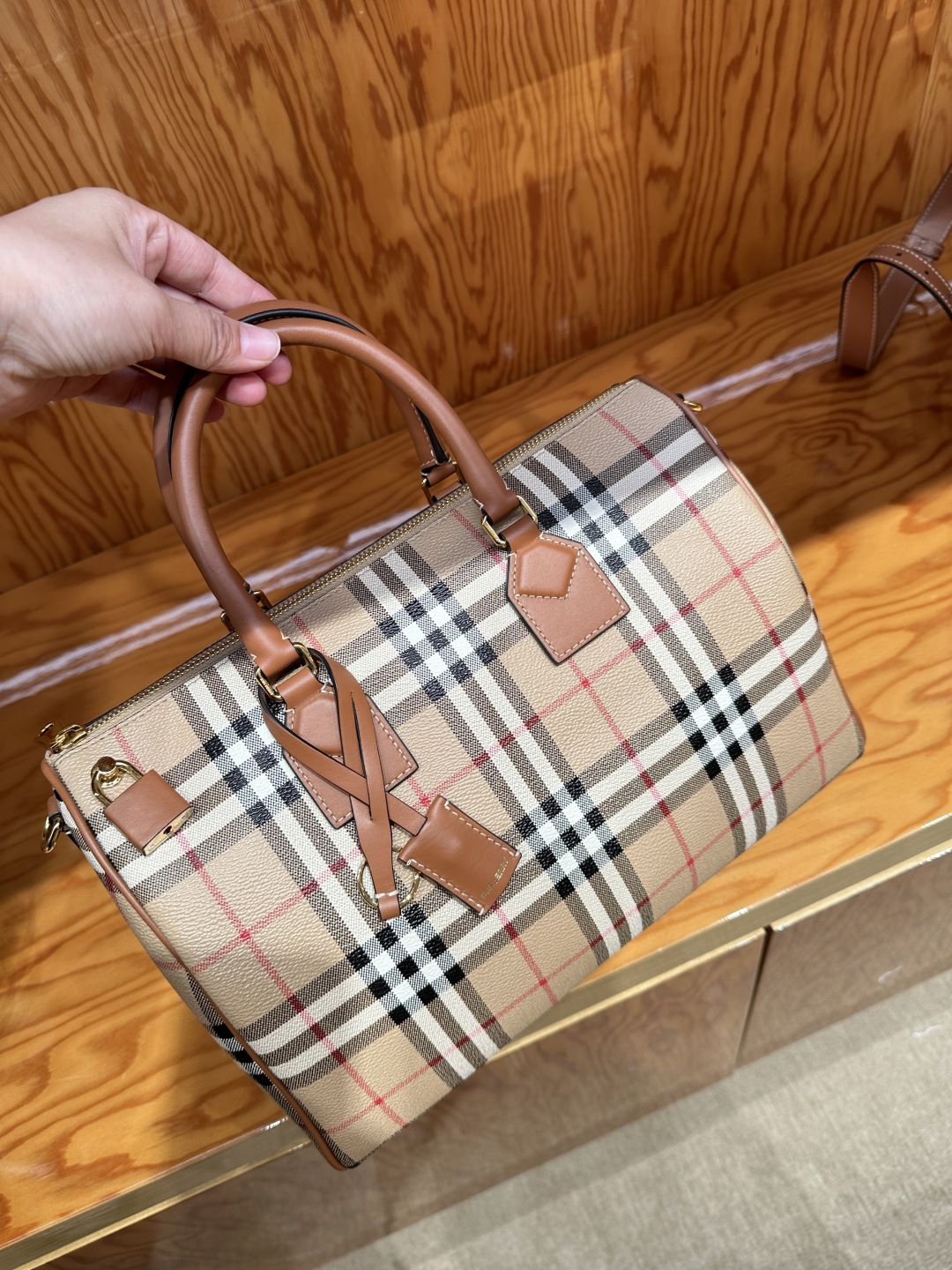 BURBERRY Medium Check Bowling Bag in Archive beige/briar brown –