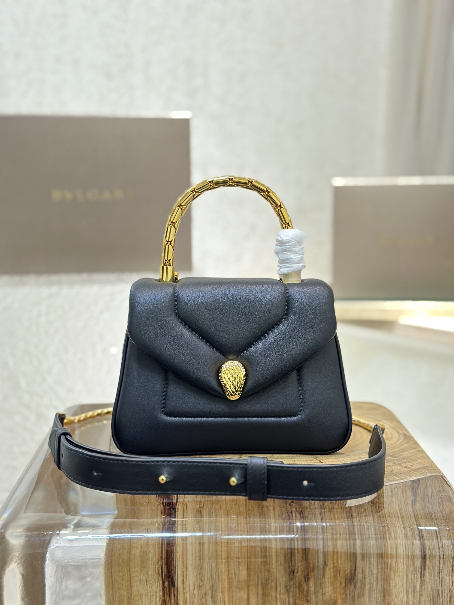BVLGARI Micro Serpenti Reverse Leather Top Handle Bag in Black | Bvlgari  00209