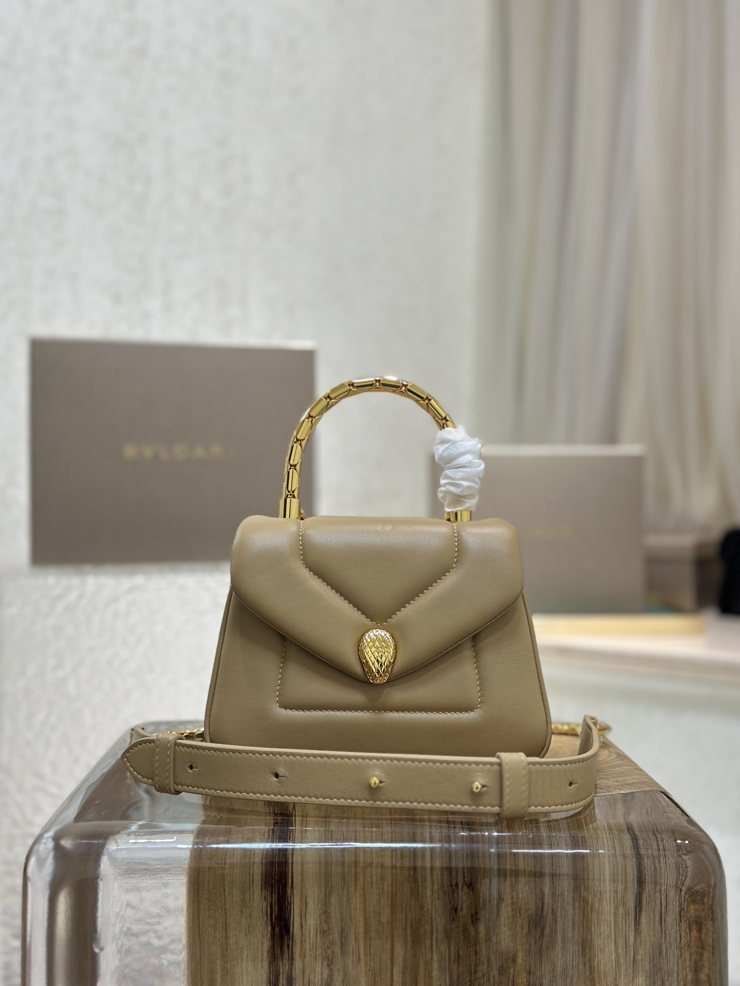 Bvlgari Beige Leather Serpenti Reverse Top Handle Bag BROWN