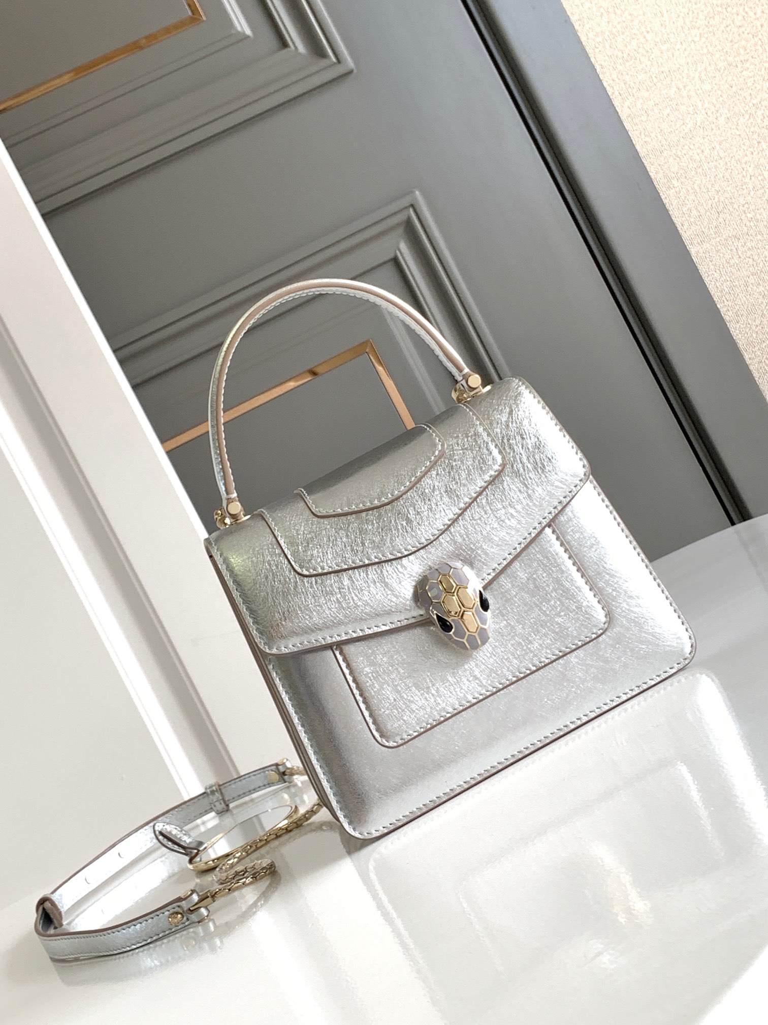BVLGARI Mini Metallic Serpenti Forever Top-Handle Bag inSIVER