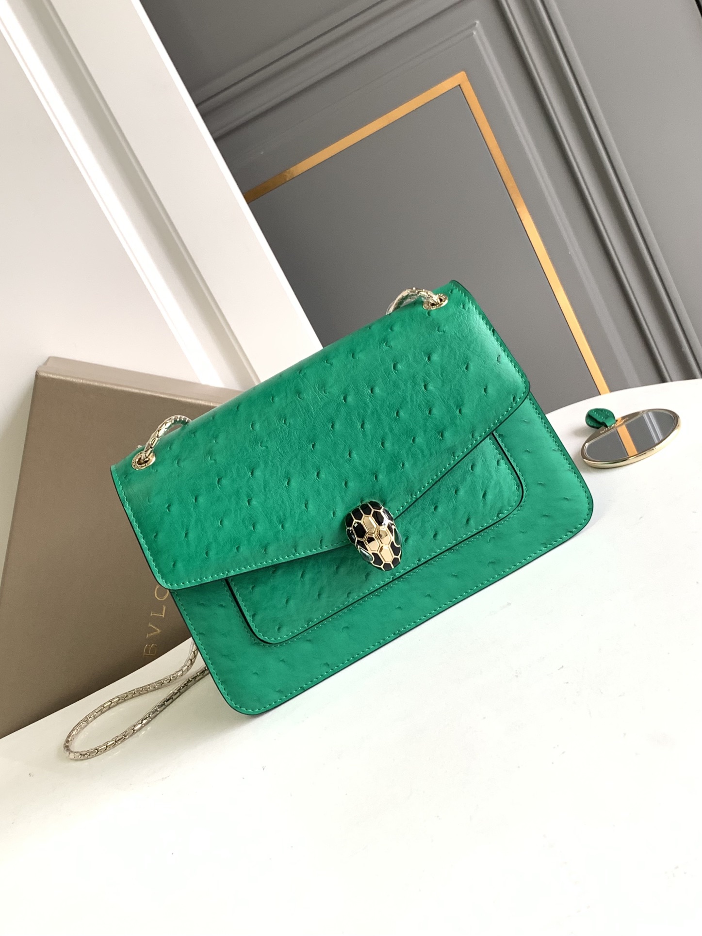 Bvlgari Green Ostrich leather Serpenti Forever Shoulder Bag …