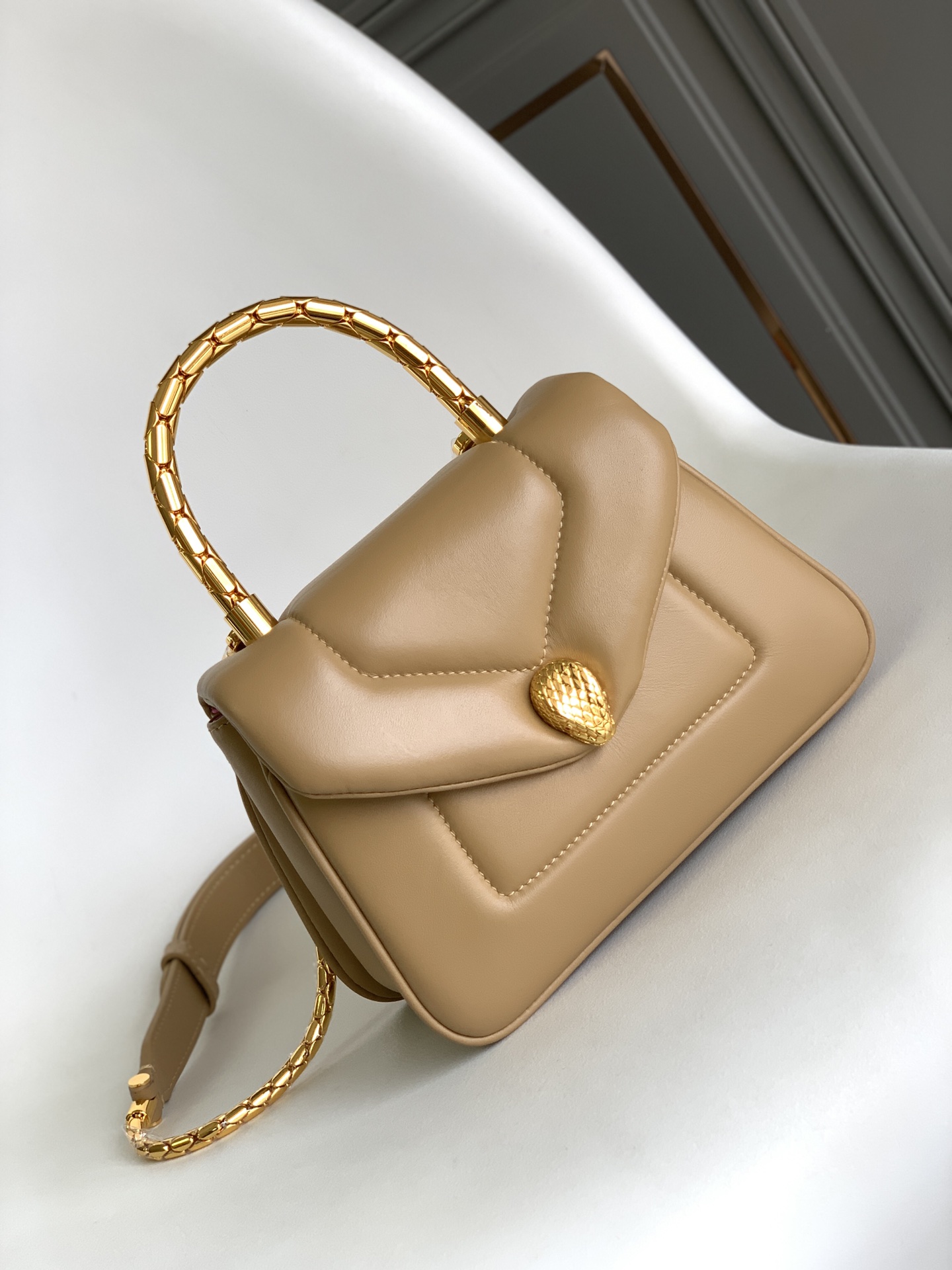 Bvlgari Beige Leather Serpenti Reverse Top Handle Bag Bvlgar