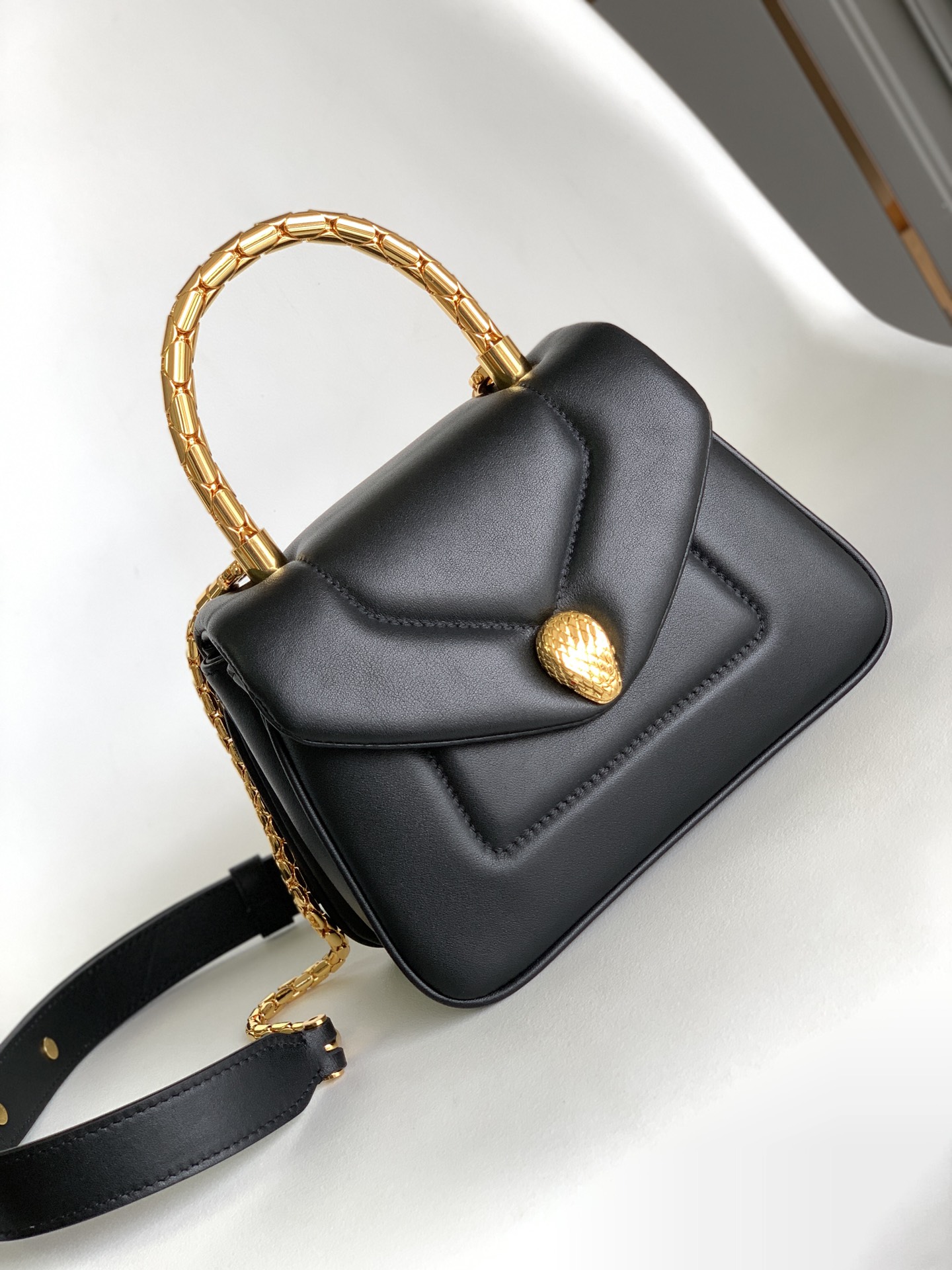 BVLGARI Micro Serpenti Reverse Leather Top Handle Bag in Black