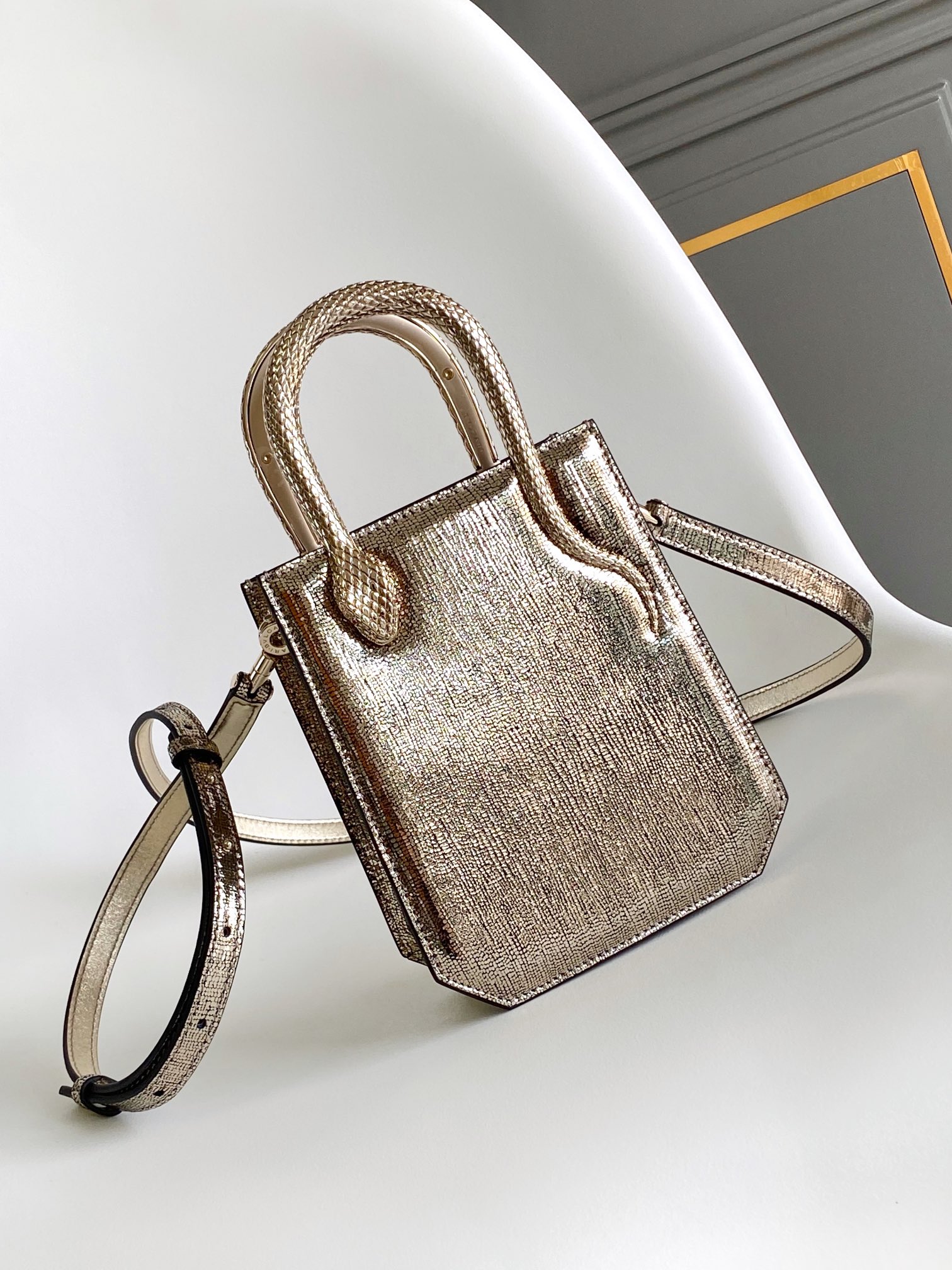 Bulgari Bvlgari Serpentine Leather Tote Leather Tote Bag in Very Good Condition Golden