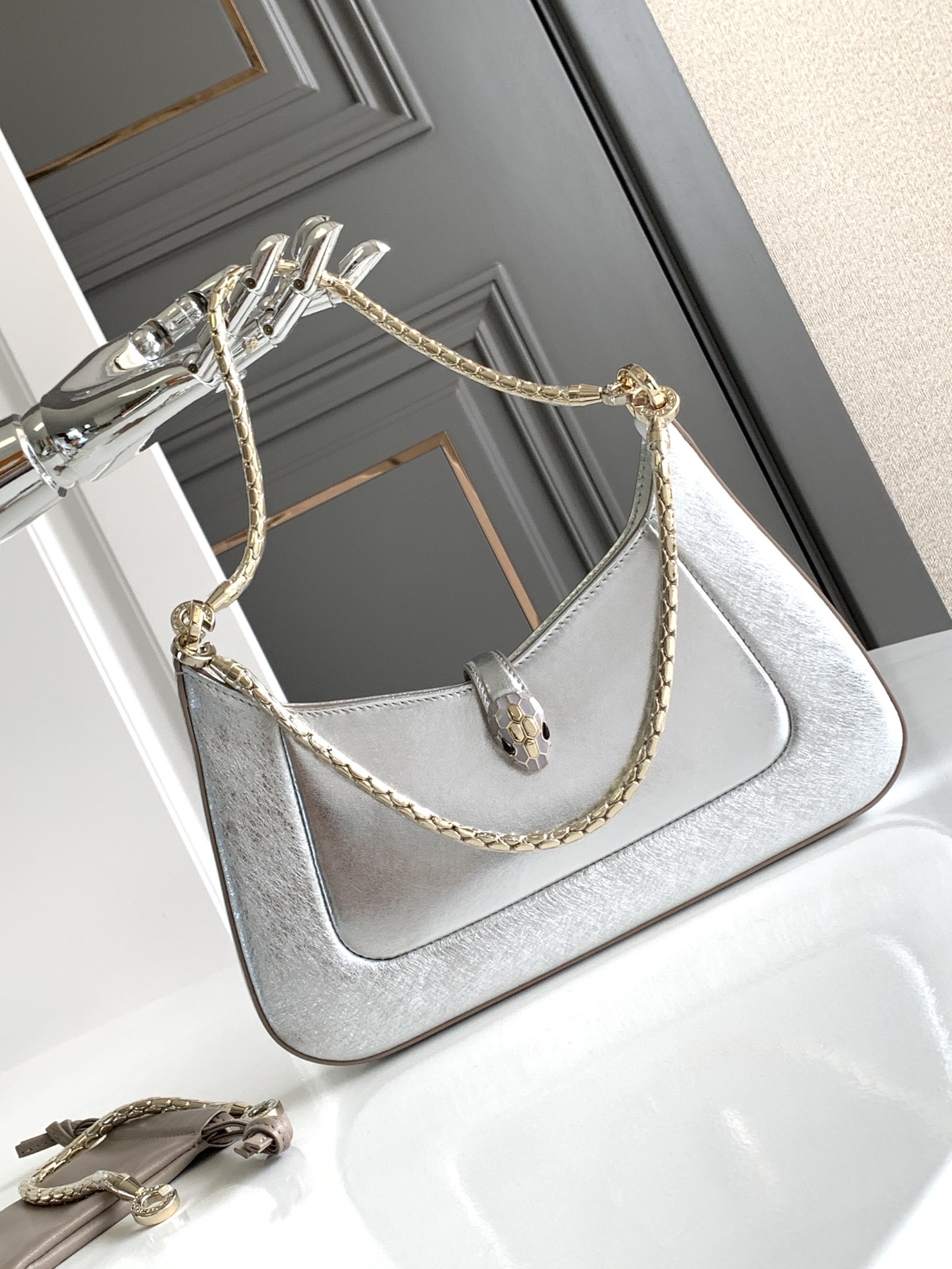 BULGARI Calfskin Serpenti Baia Shoulder Bag siver strap gold 1294369