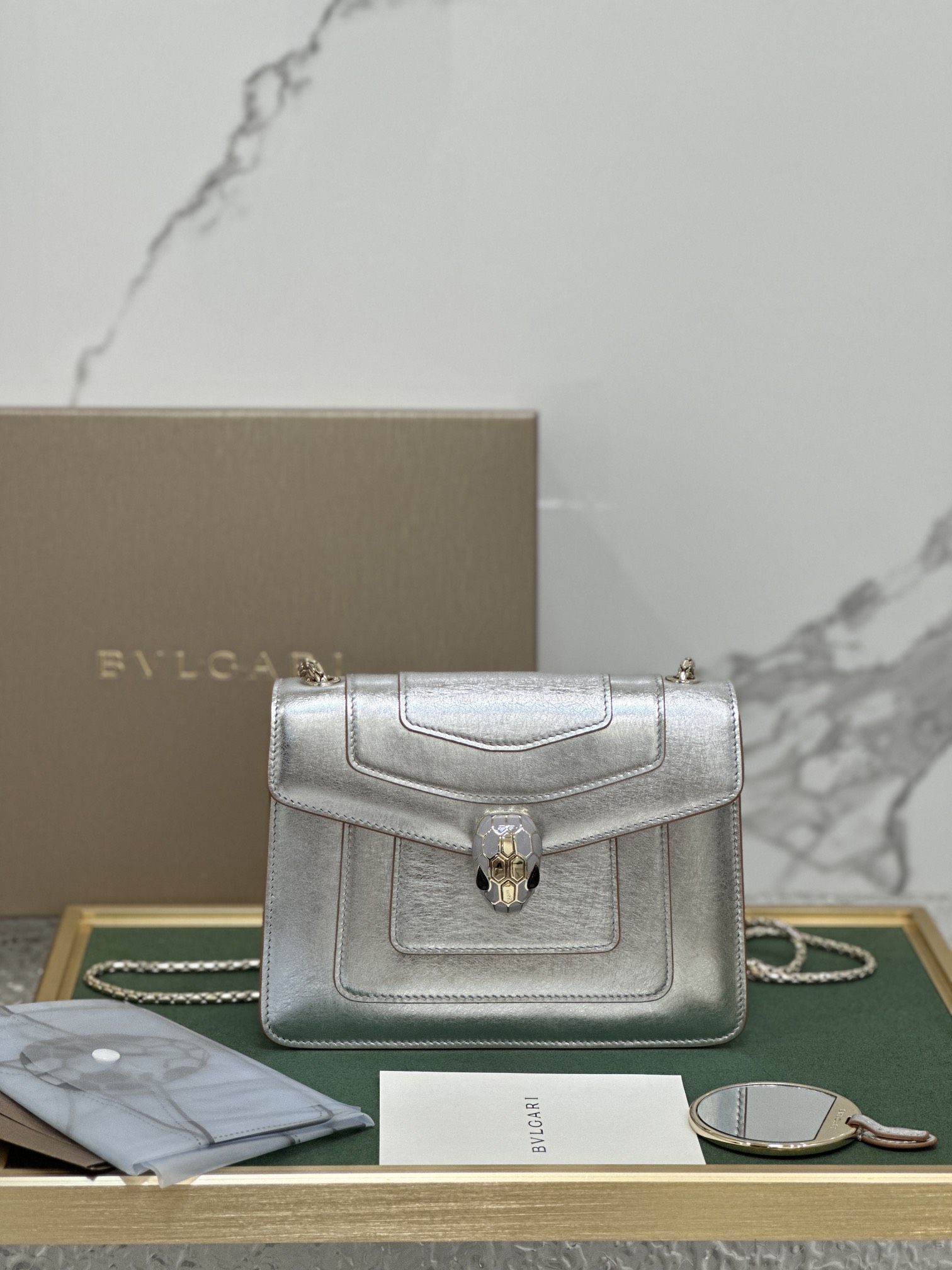 BVLGARI Silver Metallic Silver Medium Serpenti Shoulder Bag For Women