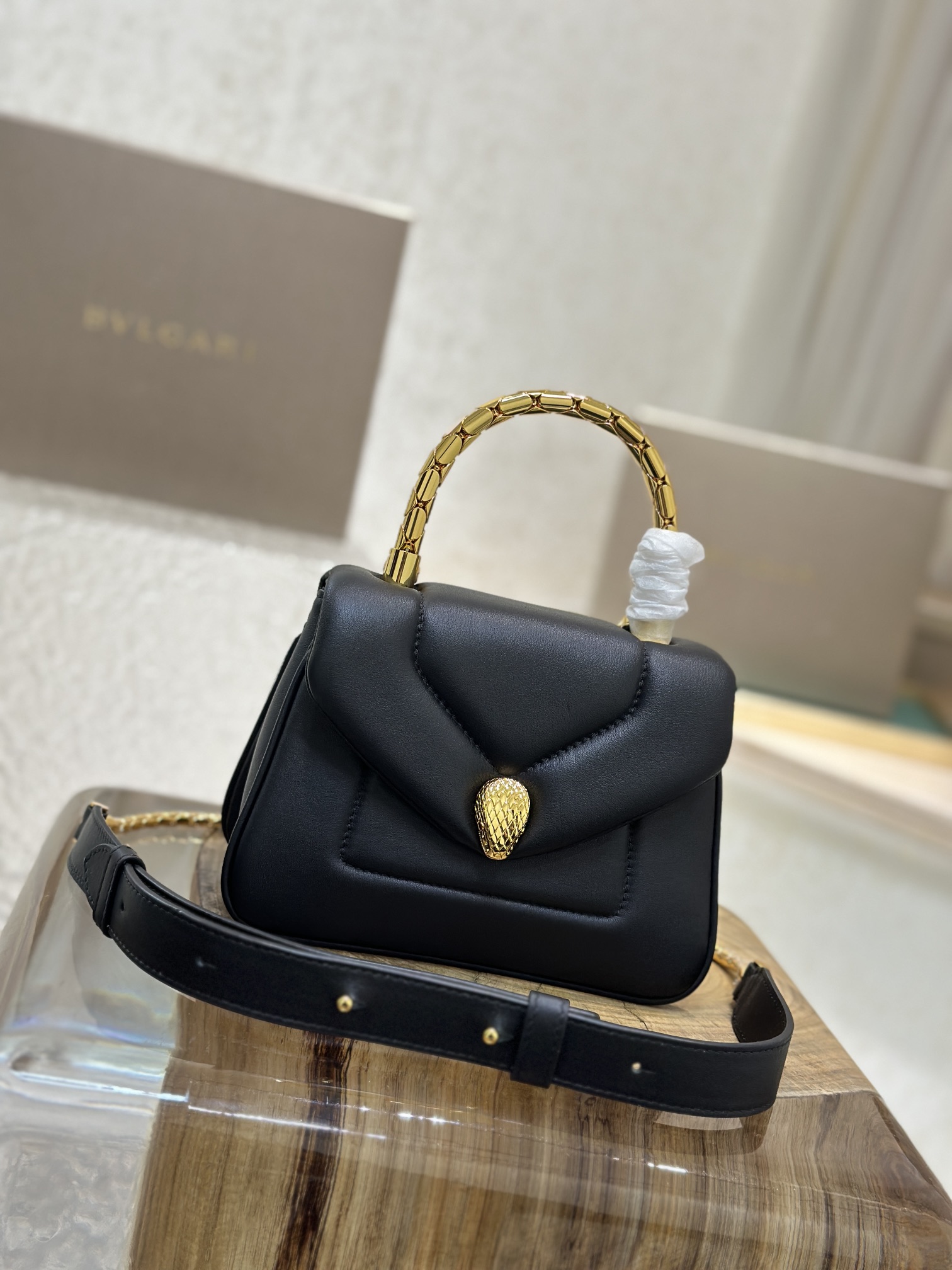 BVLGARI Micro Serpenti Reverse Leather Top Handle Bag in Black