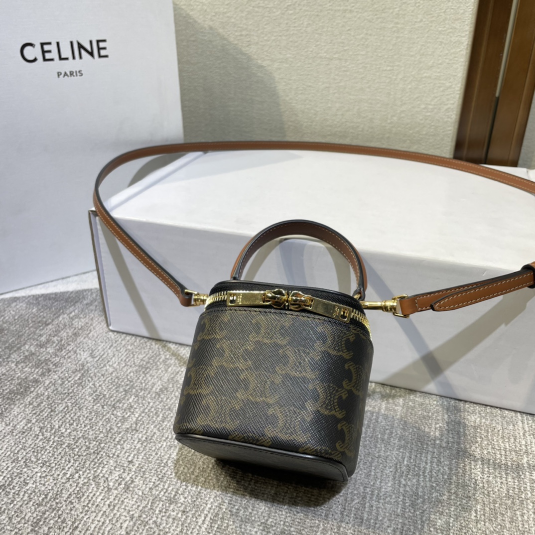 CELINE Triomphe Canvas Calfskin Mini Vanity Case Tan