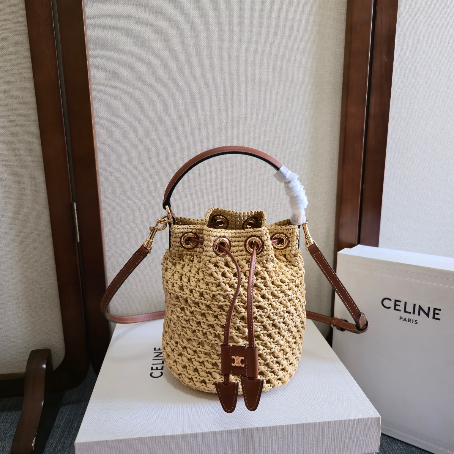 Celine TEEN CLARA BAG IN RAFFIA AND CALFSKIN – NATURAL