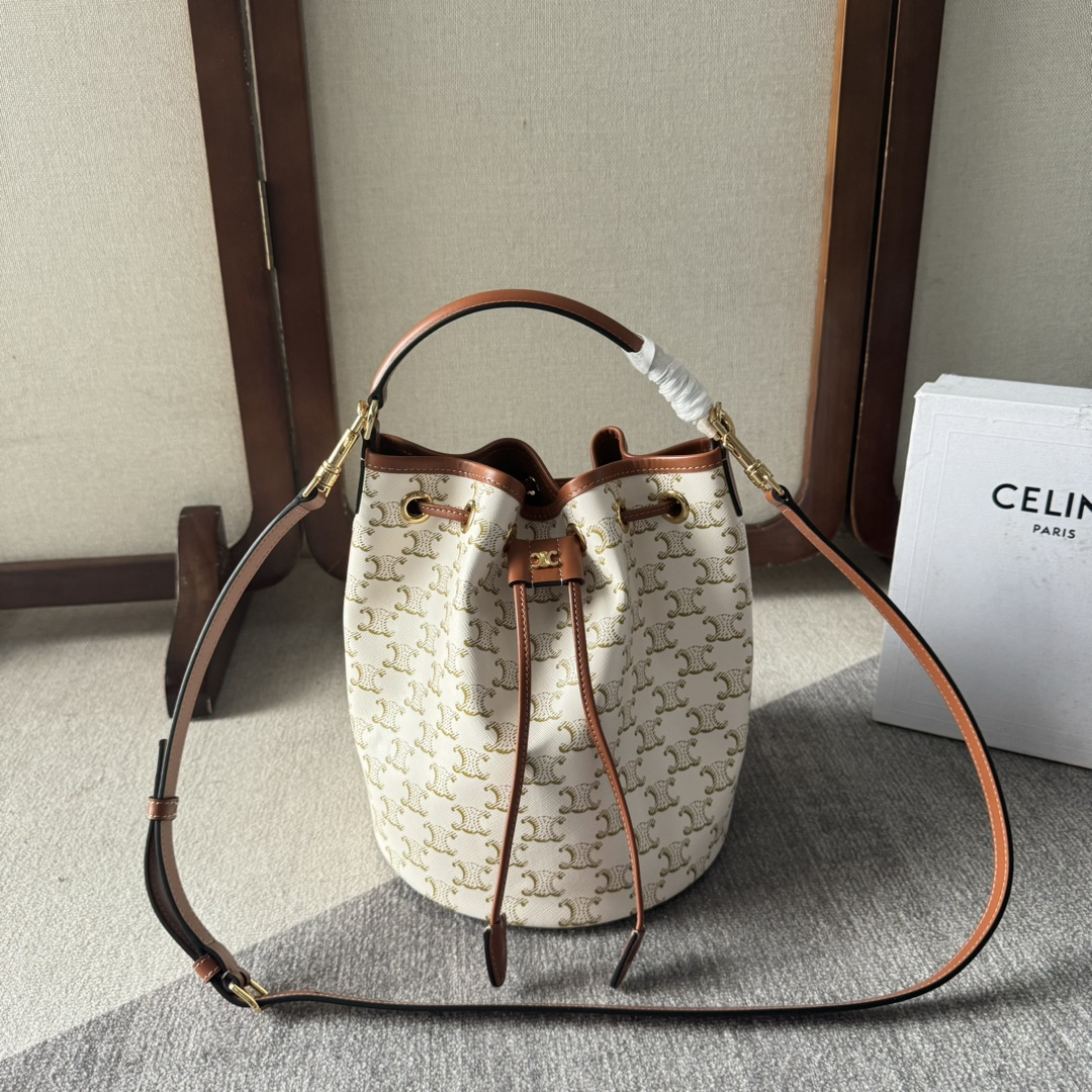 Celine Small Drawstring Bucket Bag Triomphe Canvas White