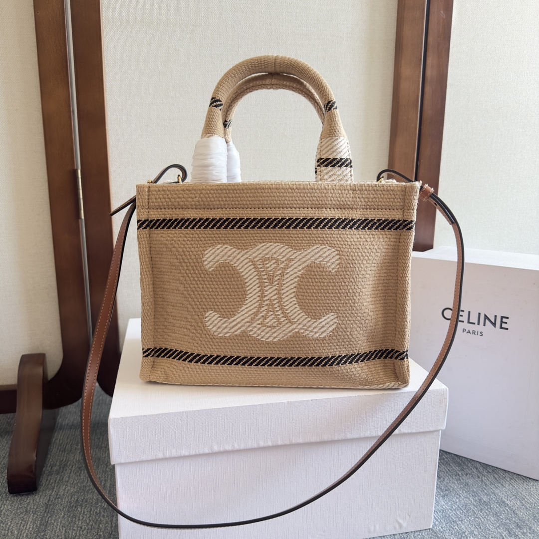 Celine small cabas thais in STRIPED TEXTILE WITH TRIOMPHE -brown