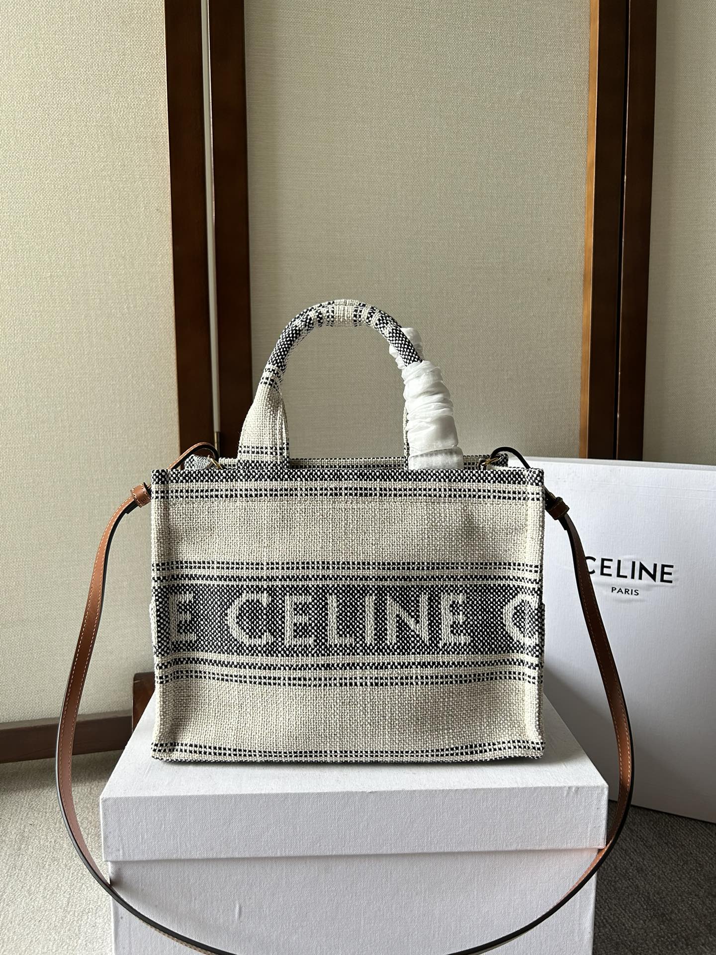 eBay Celine Small Cabas Tice Handbag Shoulder Bag Canvas/Leather White/Black 199162Er