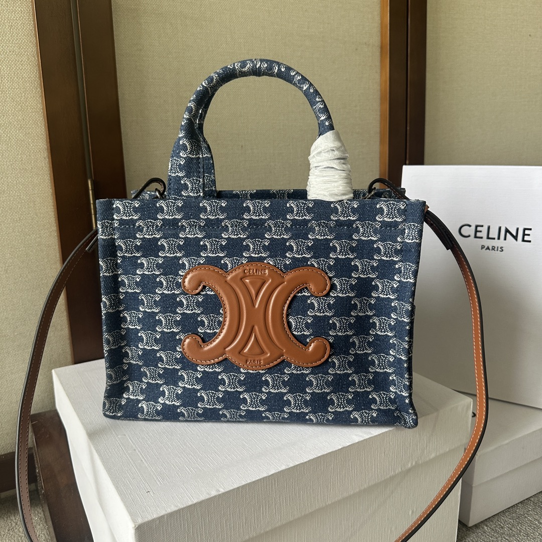 CELINE Small CAVA Tice Tote Bag Trionf Denim Navy 199162