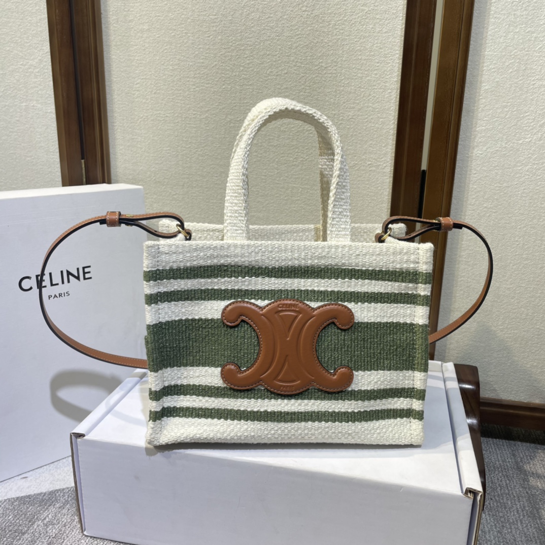 CELINE Stripe Triomphe Small Cabas Thais Khaki Tan 1334027 |