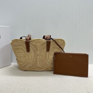 Celine CELINE CLASSIC PANIER SMALL BRAIDED TRIOMPHE in RAFFIA and CALFSKIN – TAN |