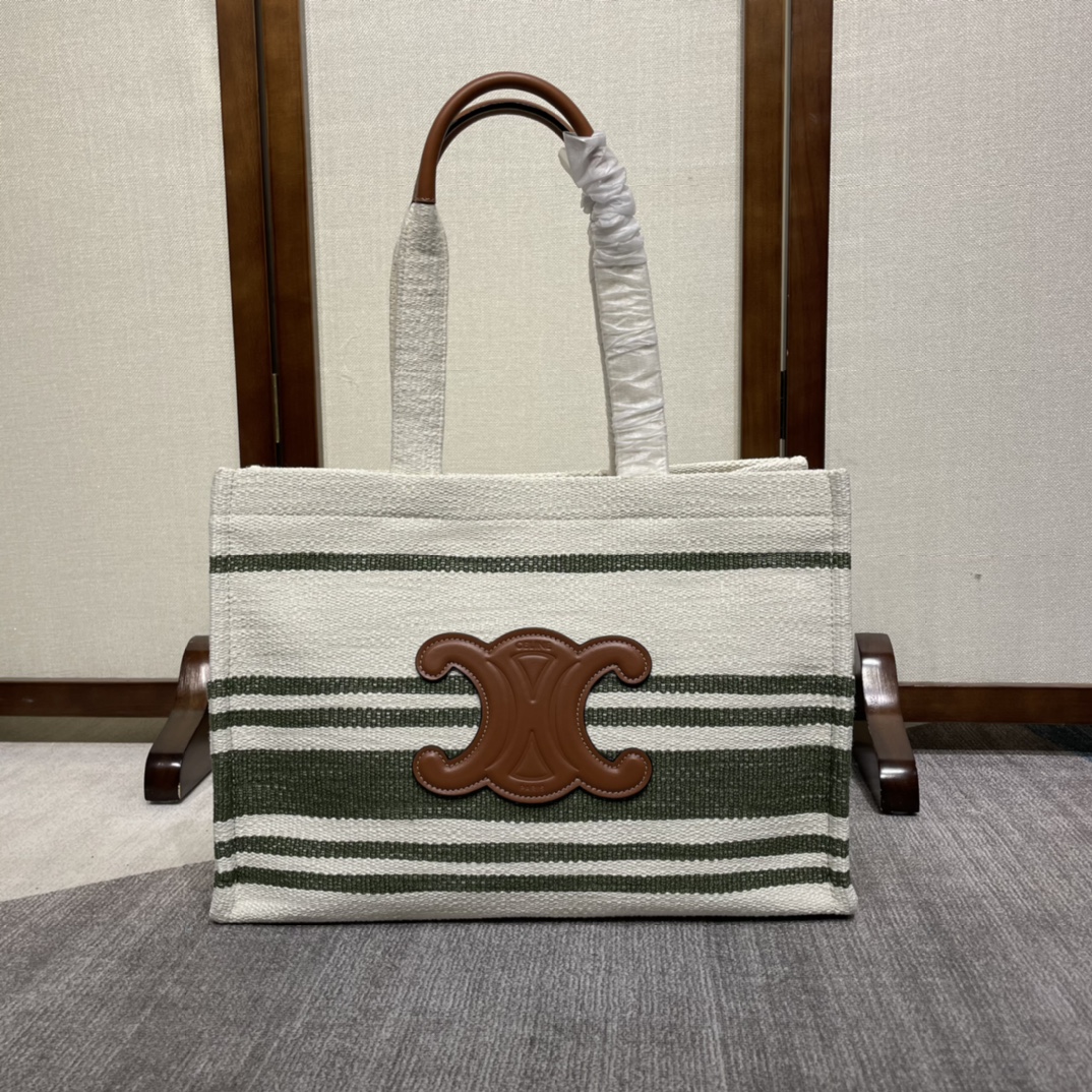 CELINE Stripe Triomphe Large Cabas Thais Khaki Tan 1158196 |