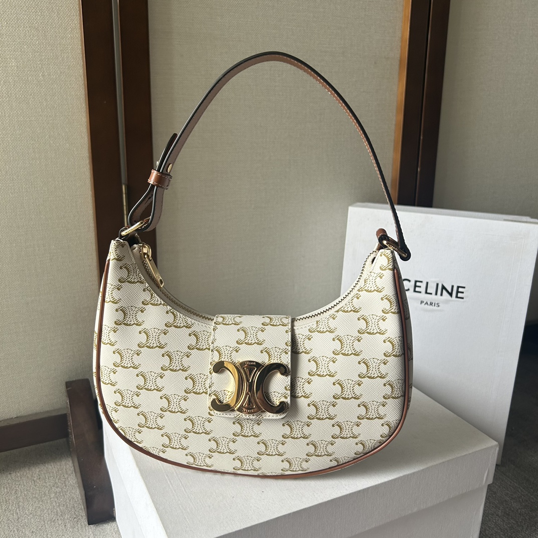 CELINE Canvas Calfskin Ava Triomphe Shoulder Bag White
