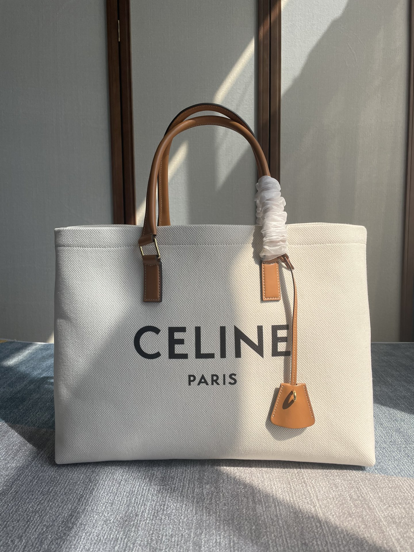 CELINE Canvas Calfskin Horizontal Cabas Natural Tan