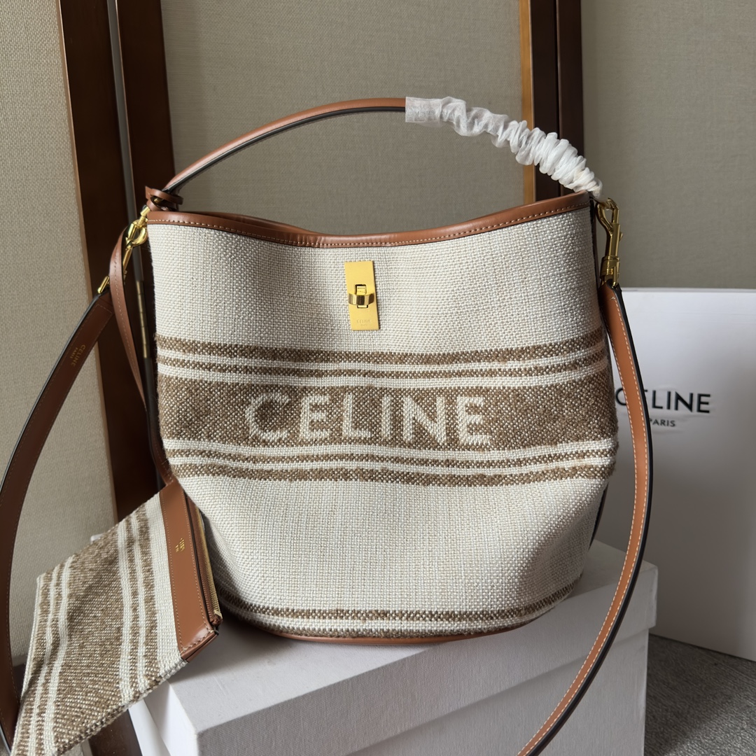 CELINE Canvas Smooth Calfskin Logo Bucket 16 Bag Beige