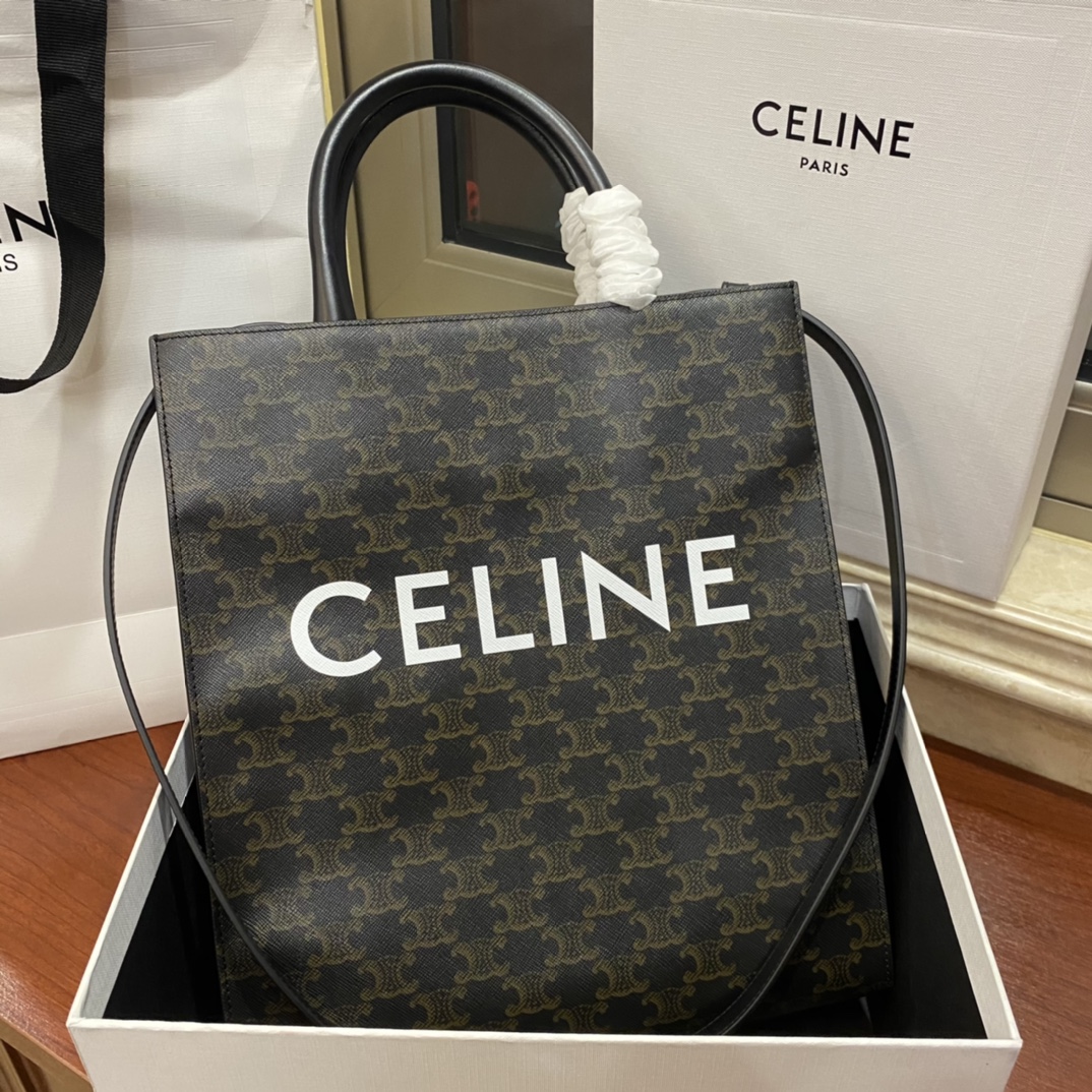 CELINE Triomphe Canvas Calfskin Small Vertical Cabas Tan 1454084