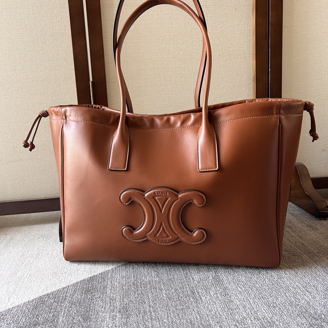 Celine Cabas Drawstring Triomphe Embroidery Tan in