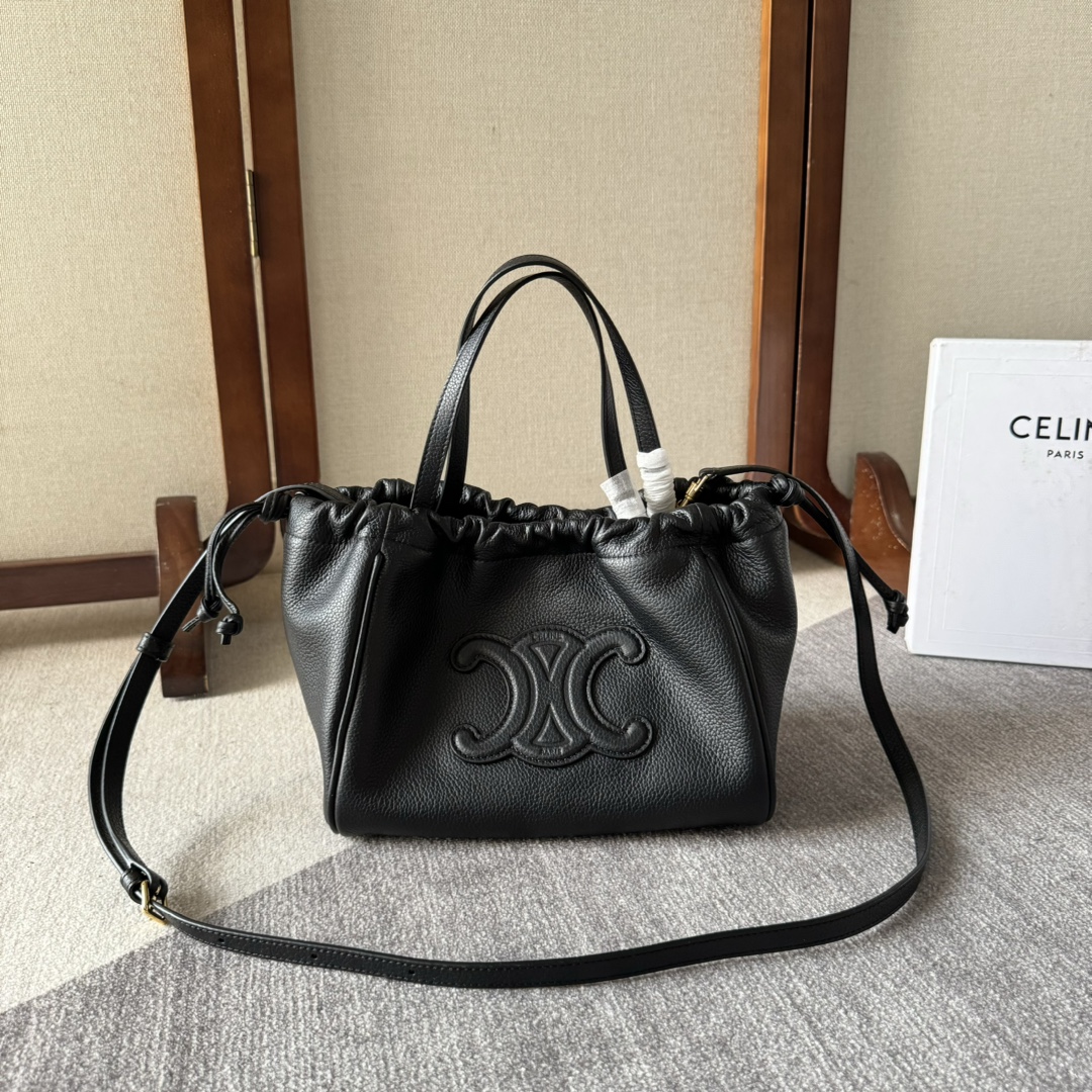 Celine 2023 Small Cuir Triomphe Drawstring Cabas – Black