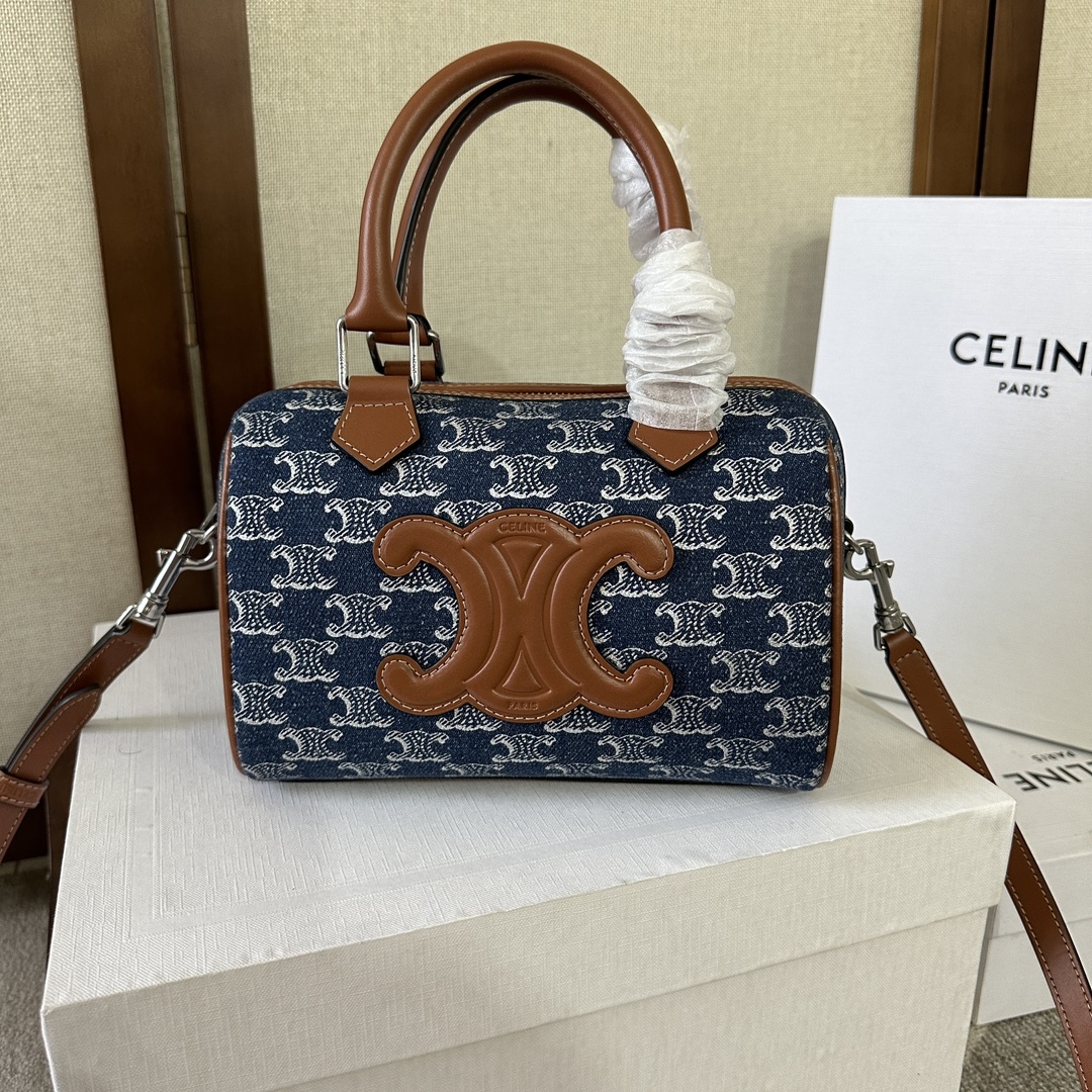 Celine Cuir Triomphe Boston Bag Triomphe Denim with Leather Small Blue 3204021