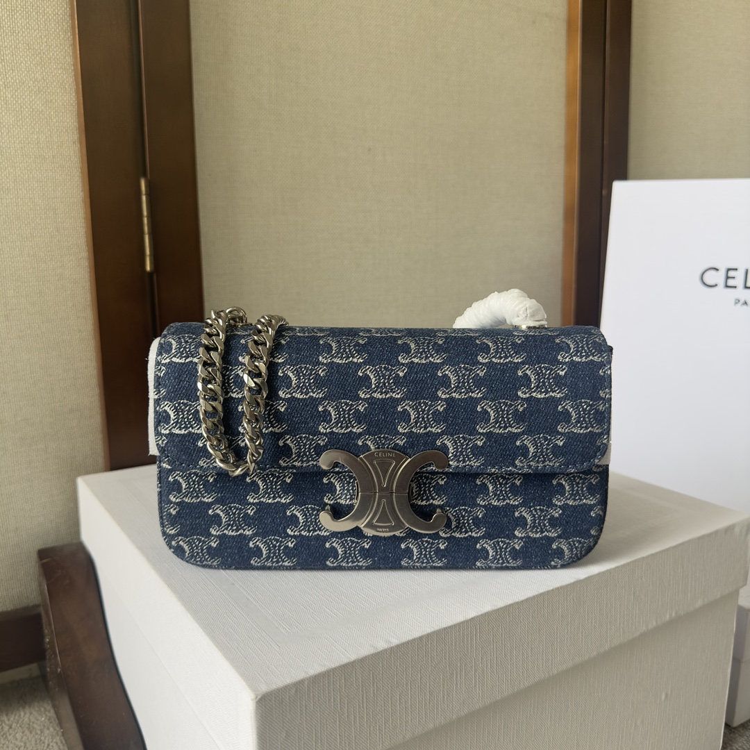 CELINE Denim Triomphe Claude Chain Shoulder Bag Blue Silver