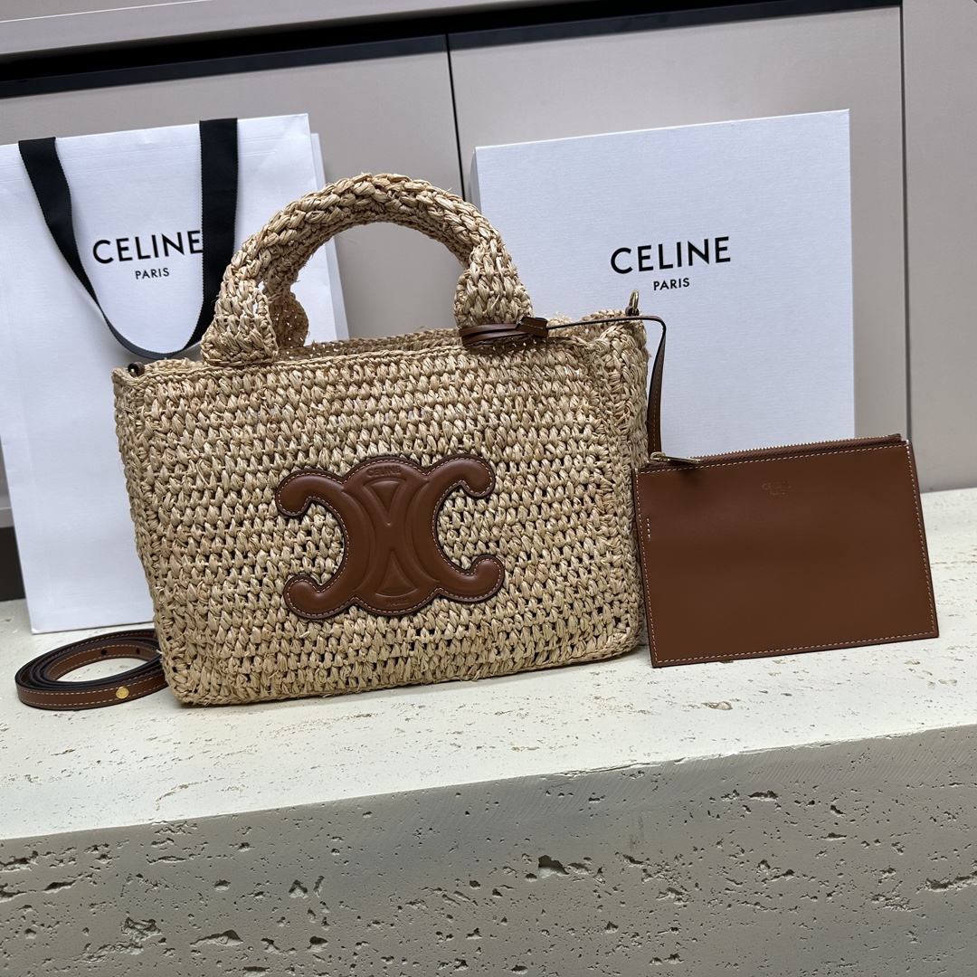 CELINE Raffia Calfskin Triomphe Small Cabas Thais Tan 1657902