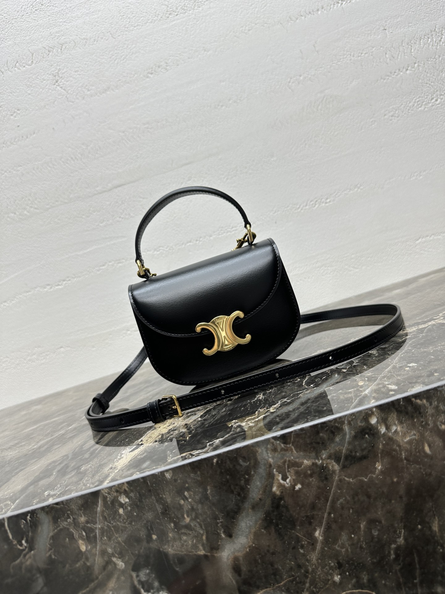 Celine Mini Besace Clea in Shiny Calfskin Black –