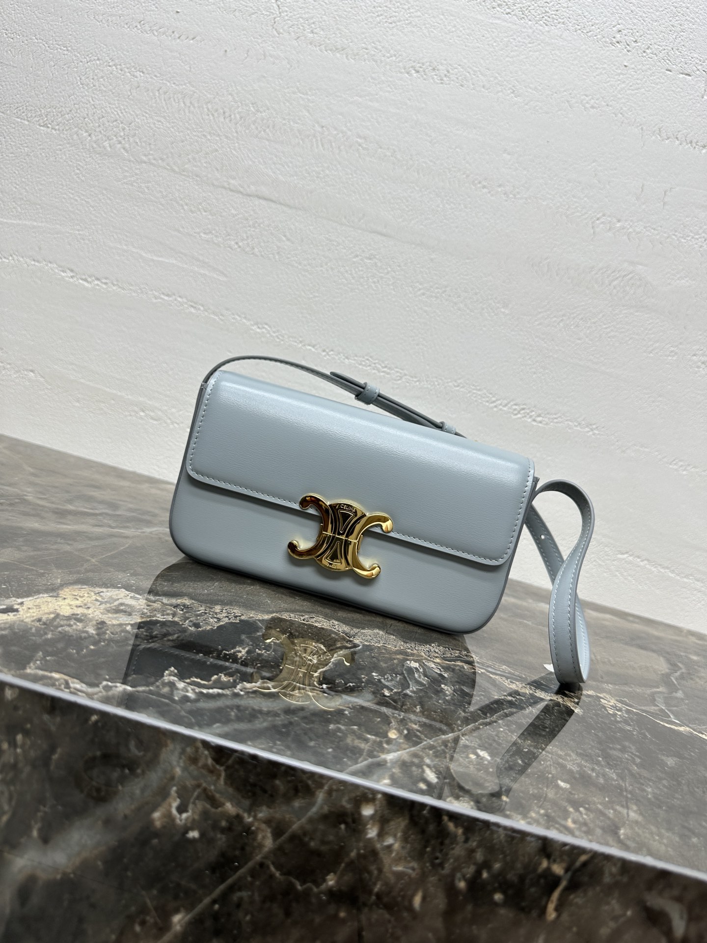 Celine Teen Triomphe Bag in shiny calfskin – PALE BLUE | CELINE