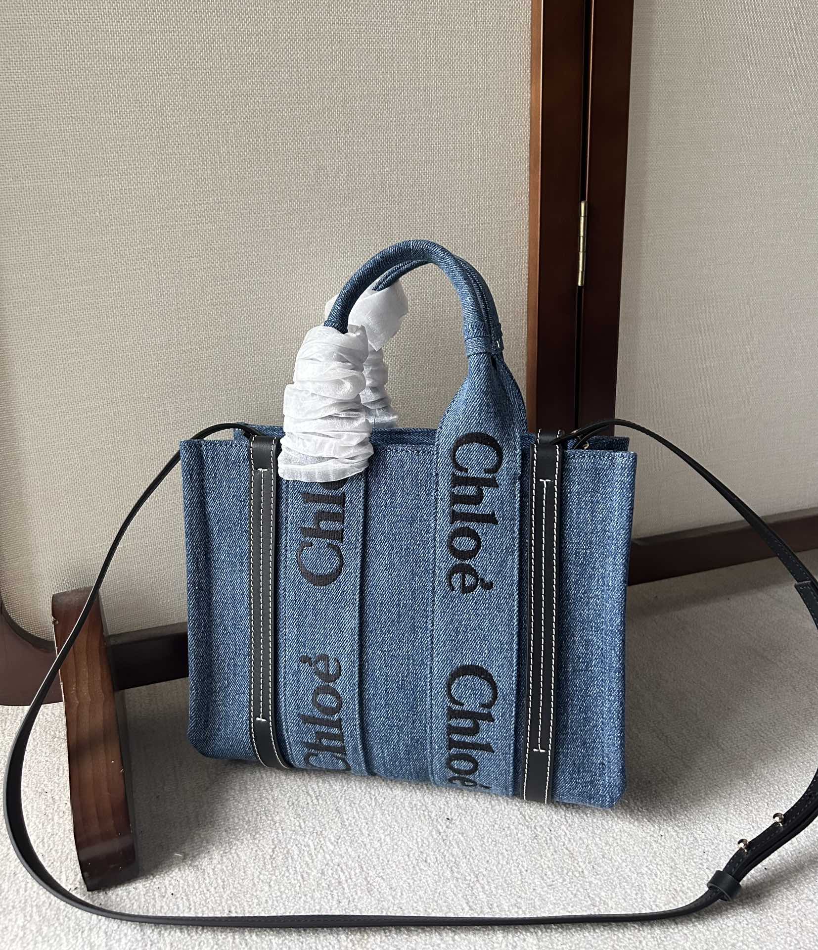 CHLOE Denim Calfskin Small Woody Ribbon Tote With Strap