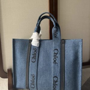 Fashionphile CHLOE Denim Calfskin Large Woody Ribbon Tote Blue