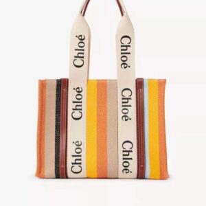 CHLOE Cotton Calfskin Large Woody Striped Tote Multicolor