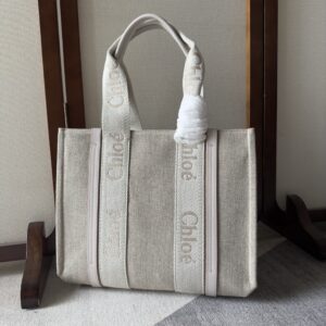 CHLOE Linen Calfskin Medium Woody Ribbon Tote Cement Pink 1451568