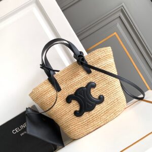 Celine Classic Panier Raffia & Leather Tote Women’s Black