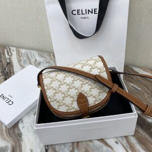 Celine Medium Folco bag in Triomphe Canvas and calfskin – WHITE | CELINE