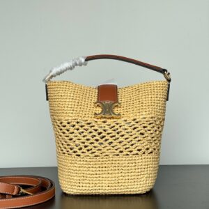 Celine SMALL LOUISE BUCKET IN RAFFIA AND CALFSKIN –