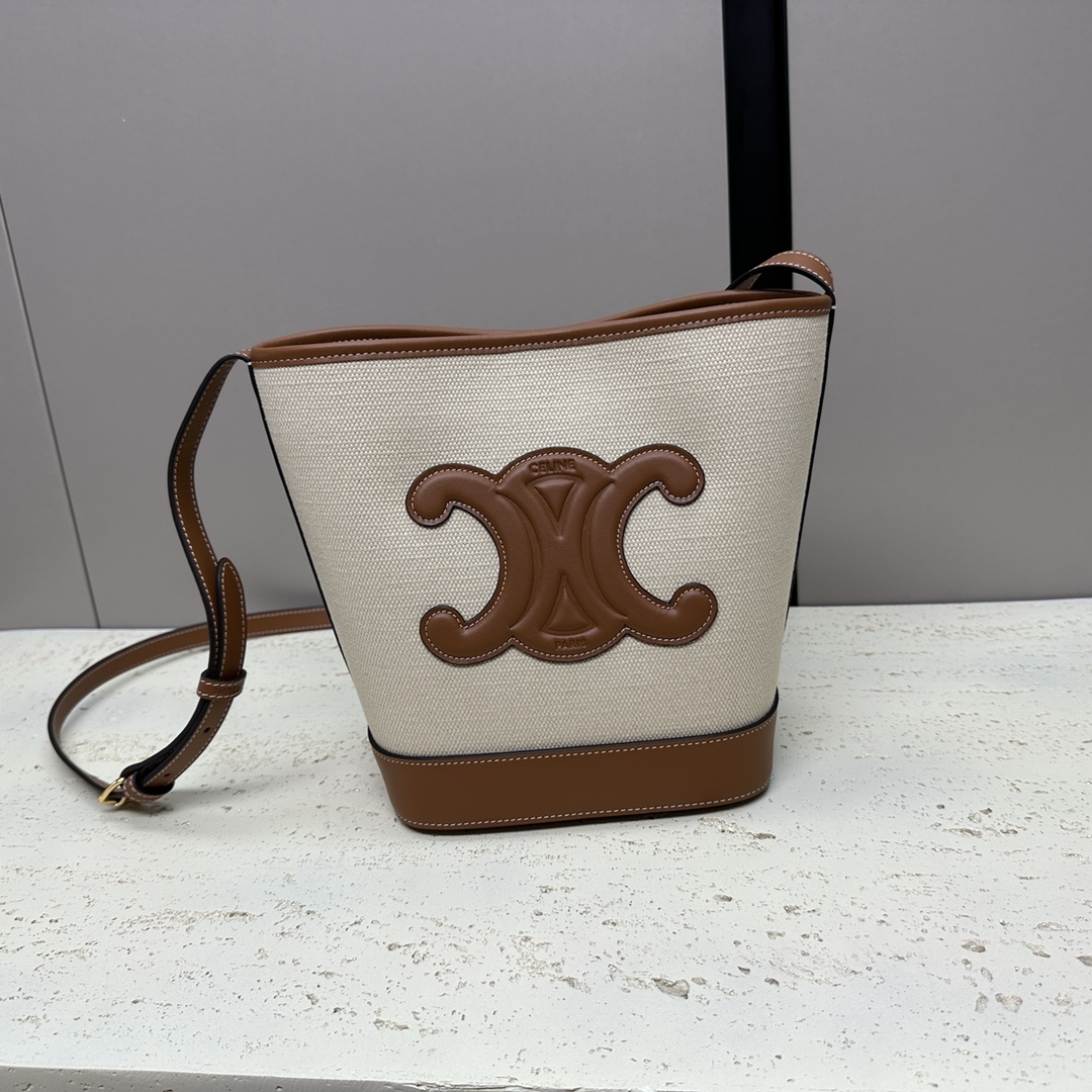 Celine Cuir Triomphe Bucket Bag Canvas and Leather Sma