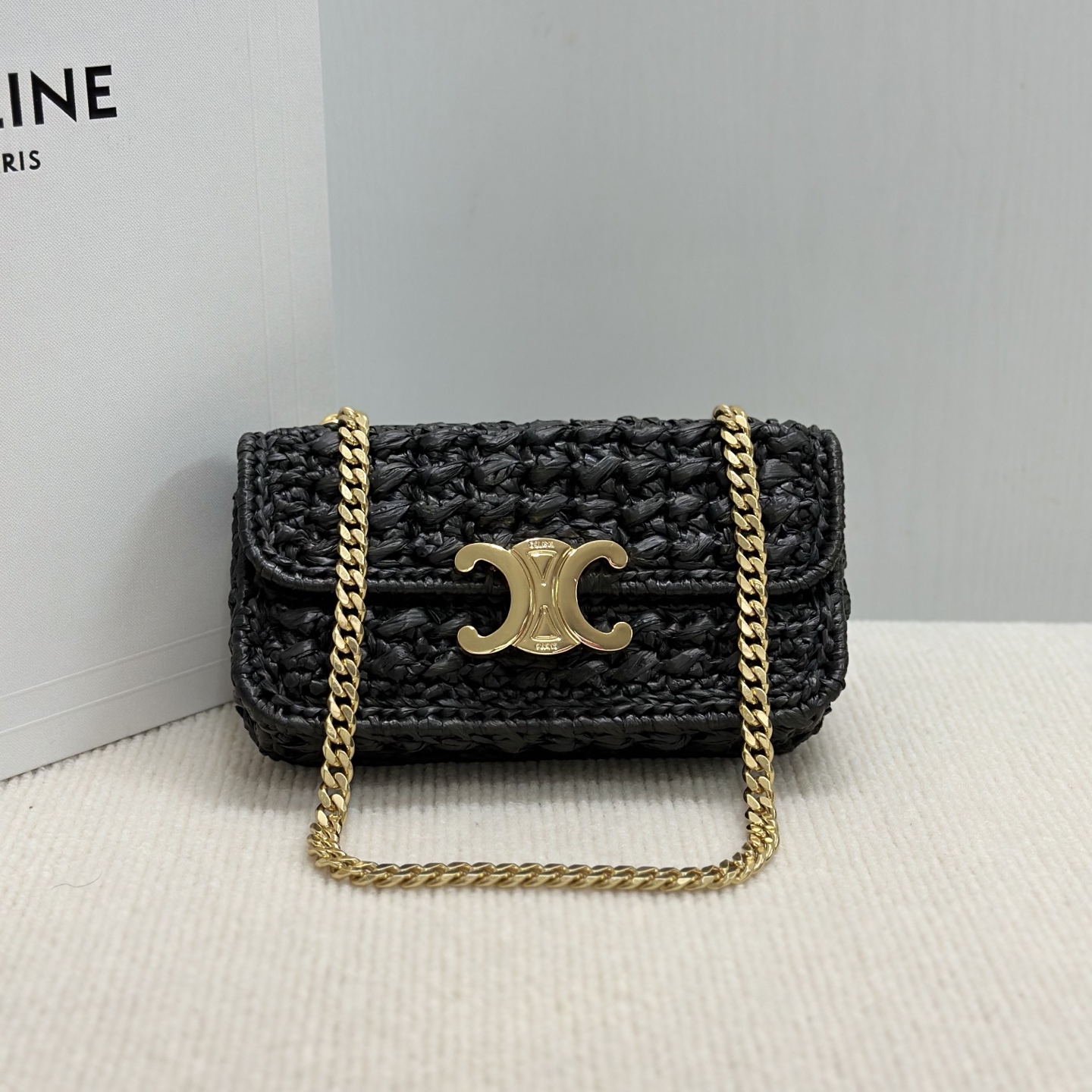 CELINE Raffia Effect Claude Chain Shoulder Bag Black