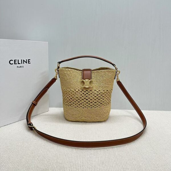 Celine SMALL LOUISE BUCKET IN RAFFIA AND CALFSKIN