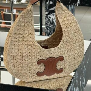 CELINE Raffia Calfskin Triomphe Panier Hobo Bag Natural Tan