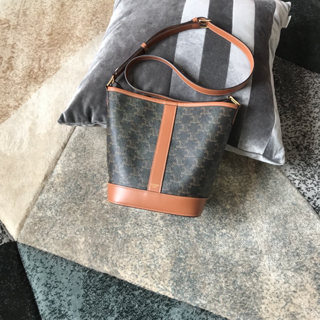 CELINE Triomphe Canvas Calfskin Medium Bucket Bag Tan 1500250