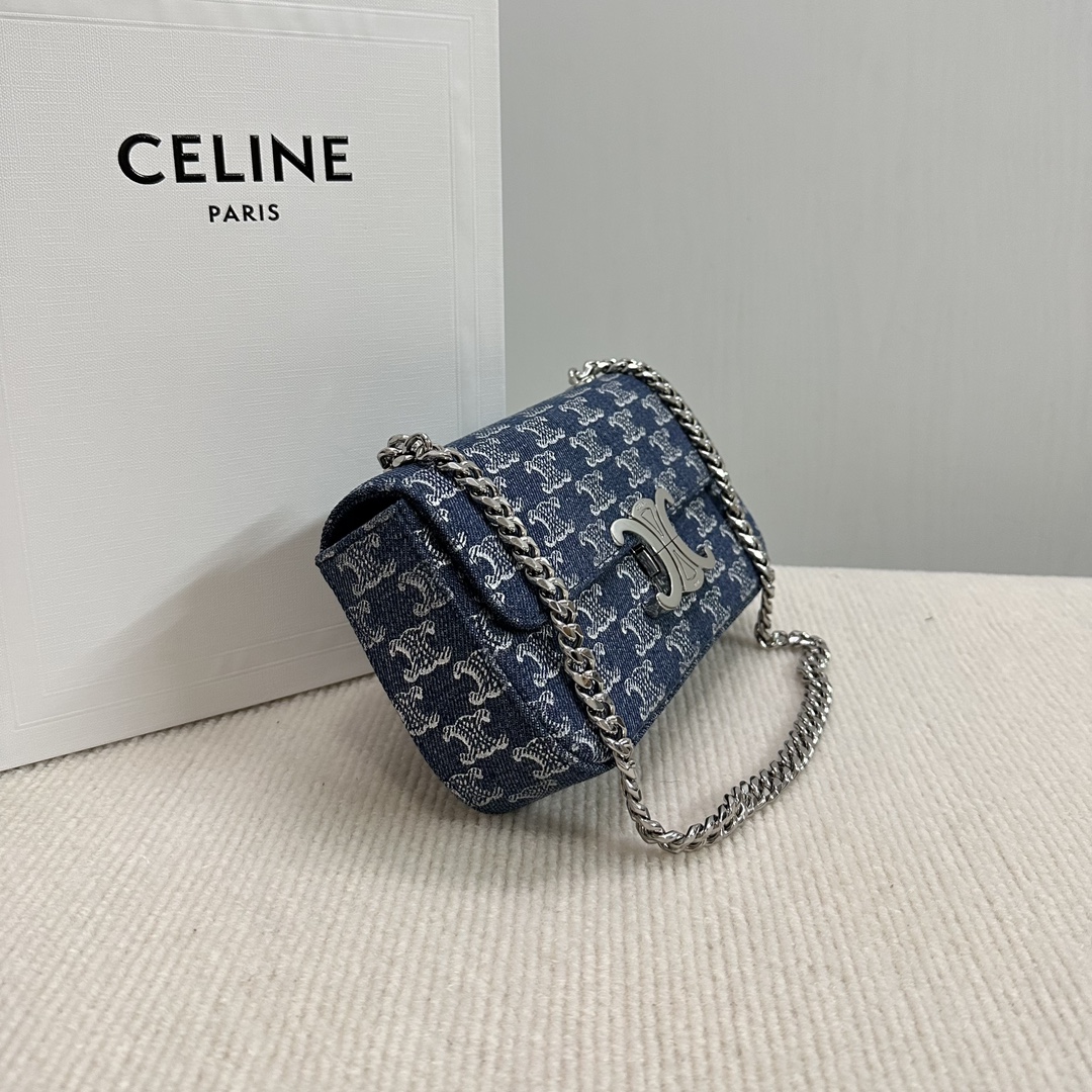 CELINE Denim Triomphe Claude Chain Shoulder Bag Blue Silver 1467446