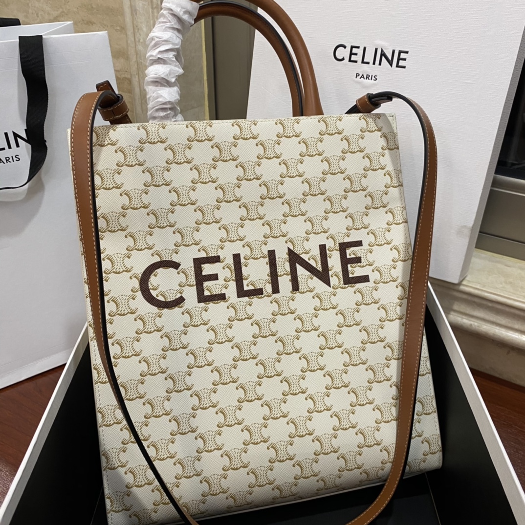 CELINE Triomphe Small Vertical Cabas Tote Bag PVC Leather 2way White