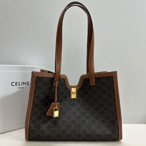 Celine Triomphe Canvas & Leather Tote in Black brown