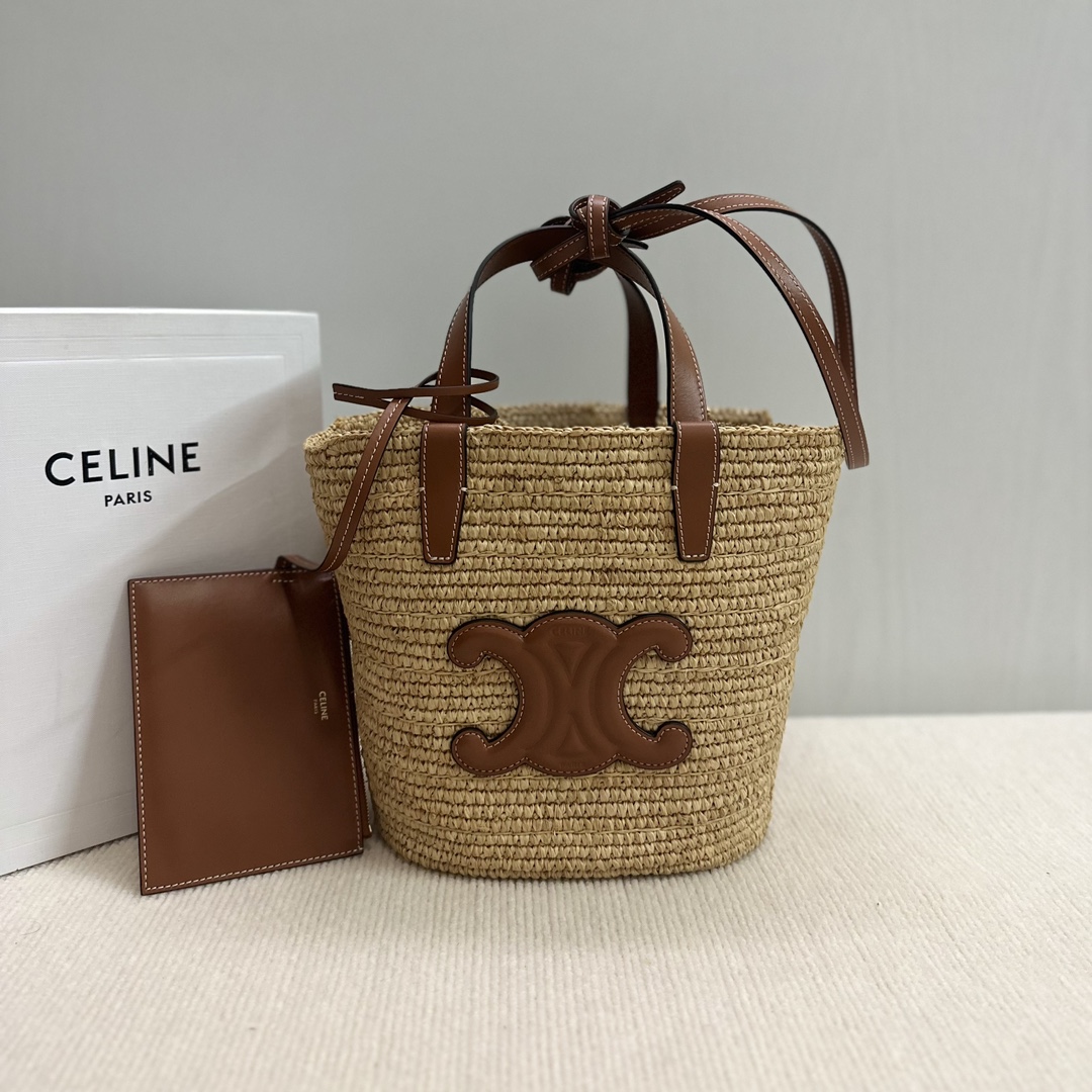 CELINE Raffia Calfskin Triomphe Nano Panier Tan 1465761 |