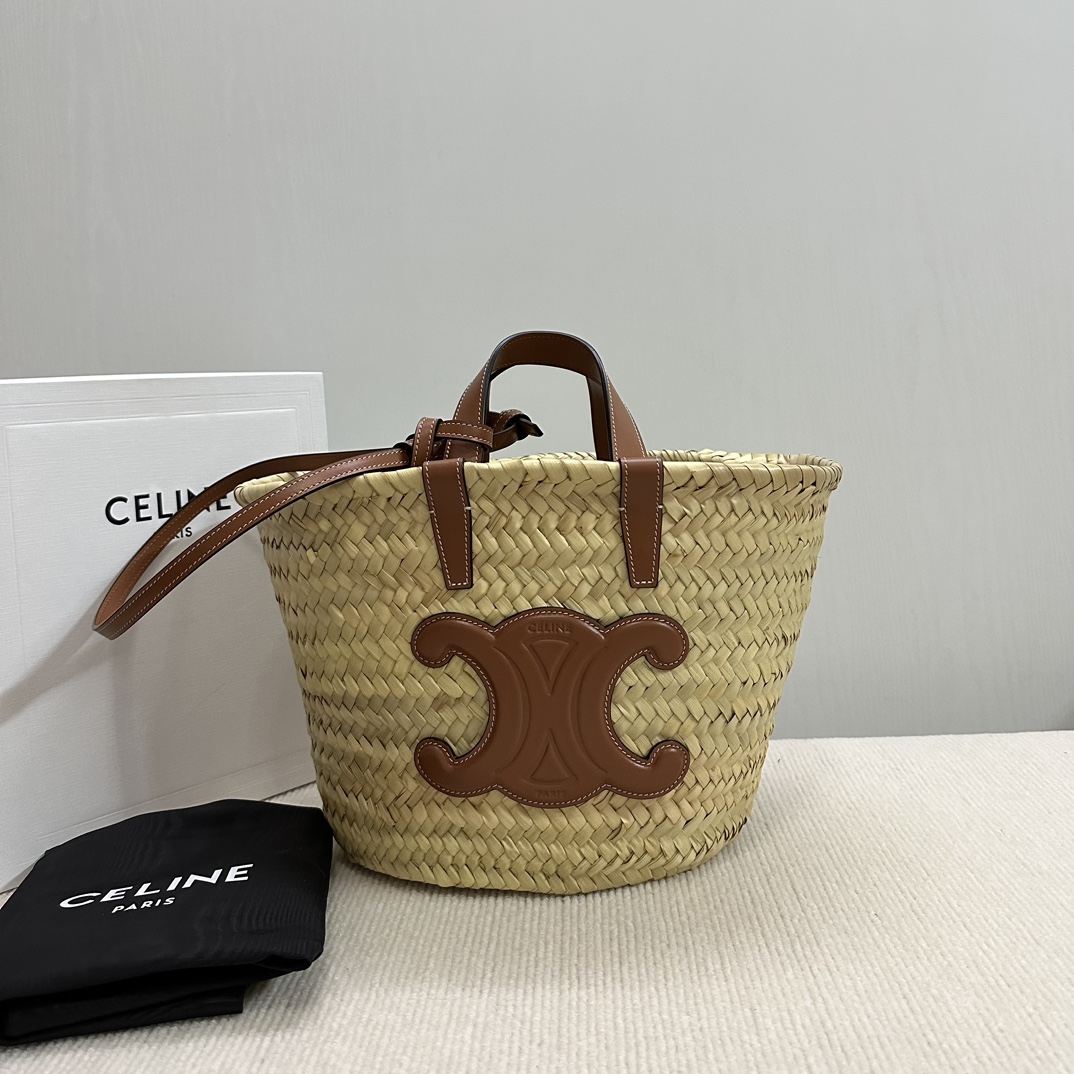 CELINE Raffia Calfskin Triomphe Teen Panier Tan 1546619