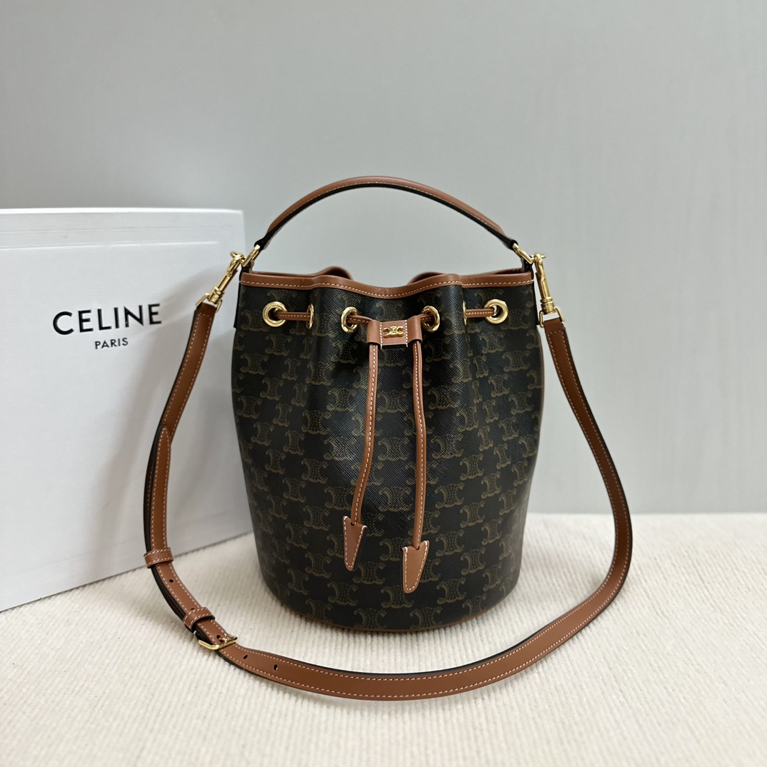 CELINE Triomphe Canvas Calfskin Clara Drawstring Bucket Bag Tan 1650731