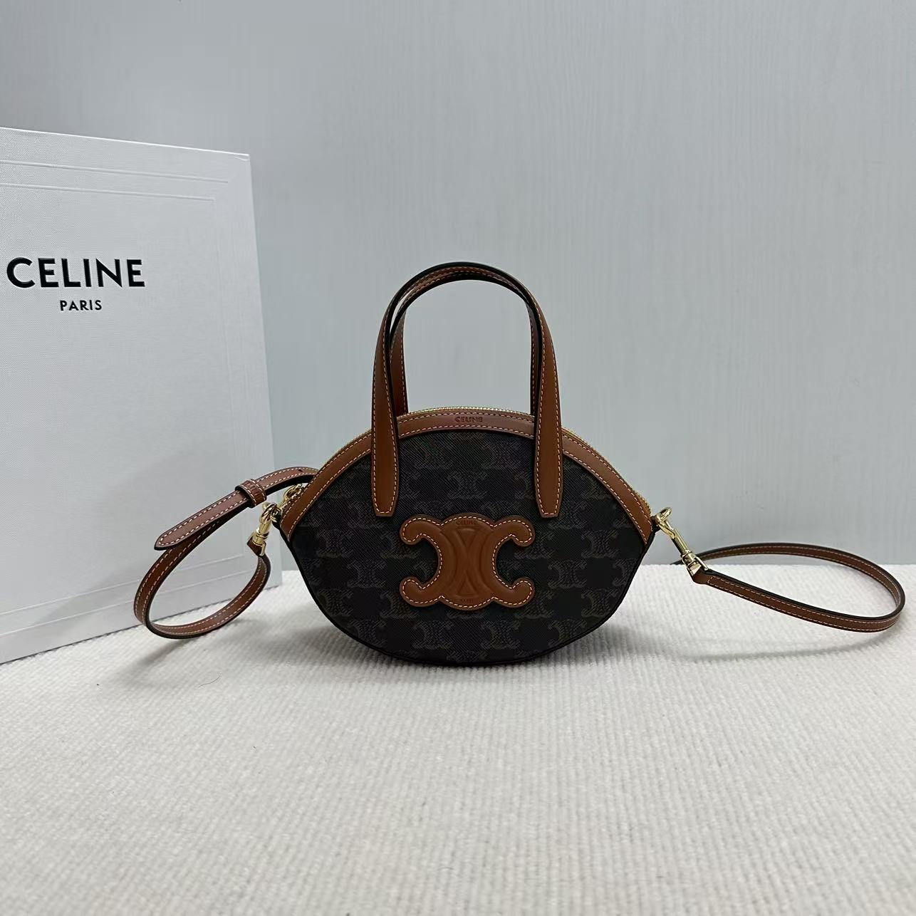 Celine HALF MOON CASE IN triomphe canvas and calfskin – TAN |